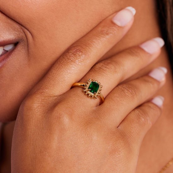 Lucardi Bague vintage femme en acier plaqué or carré vert - Ring - Acier - Doré - 20 / 63 mm