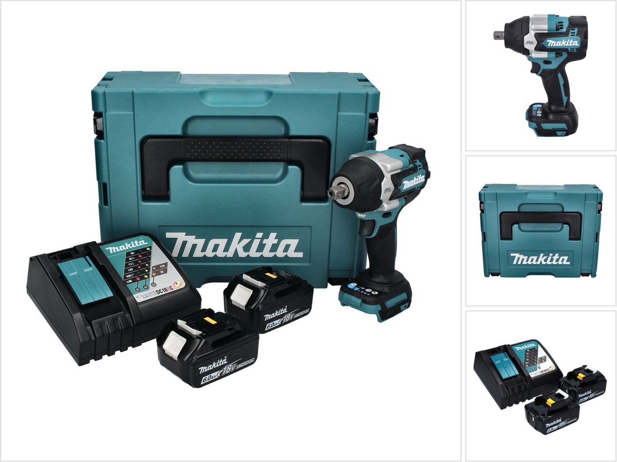 Makita DTW 701 RGJ accu slagmoersleutel 18 V 700 Nm 1/2" XPT Borstelloos + 2x oplaadbare accu 6.0 Ah + lader + Makpac