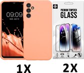 Casemania Hoesje Geschikt voor Samsung Galaxy A25 - Zalm Roze & 2X Glazen Screenprotector - Liquid Siliconen Back Cover