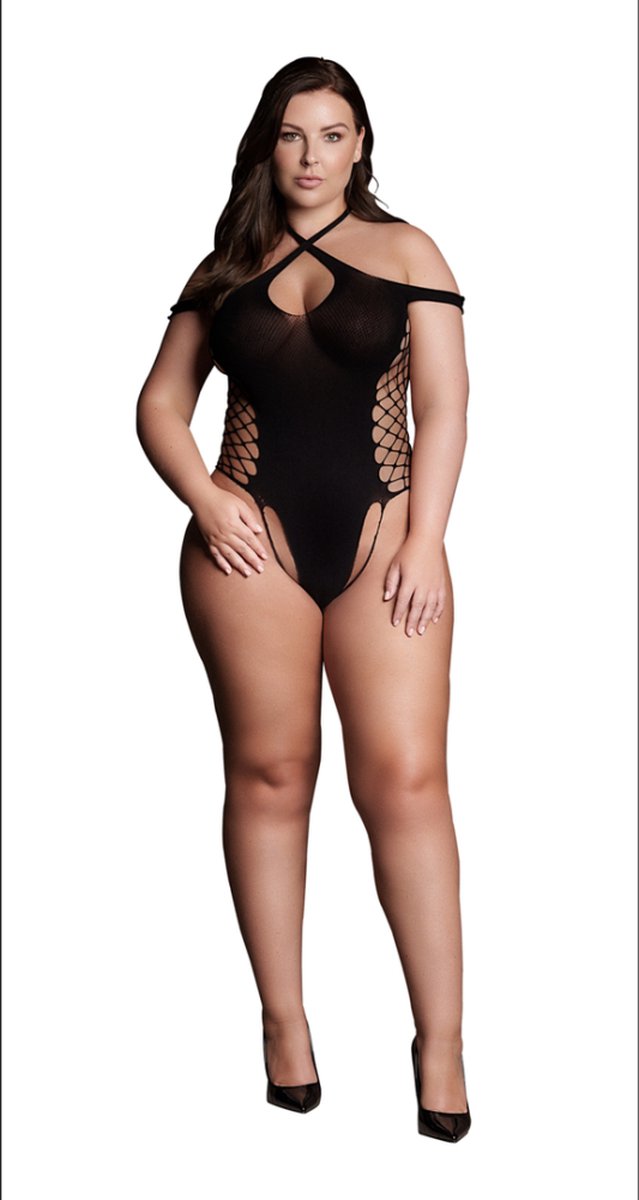 Shots - Le Désir Leda XIII - Body met Gekruiste Halslijn en Schouderbanden - Plus Size black Queen Size