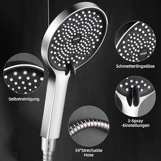 Cobbe Douchekop, waterbesparend met 8 straalsoorten, hogedruk douchedouche, grote regendouche, handdouche, drukverhogend (chroom