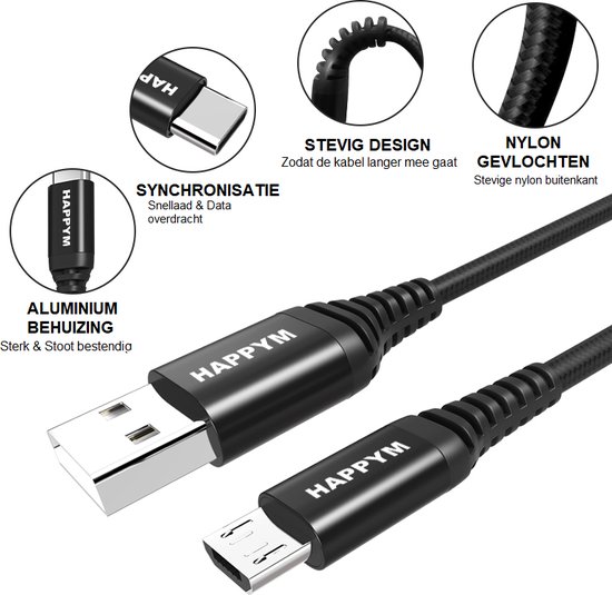 Close-up van zwarte USB-A naar Micro-USB kabel met aluminium behuizing, nylon gevlochten kabel en stevig design.