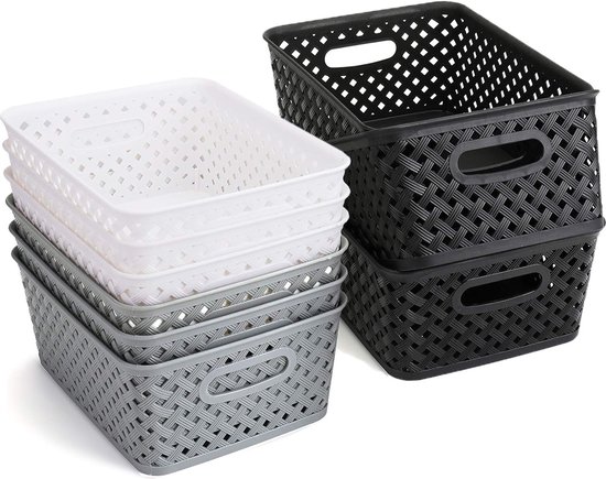 Foto: 9 stuks opbergdozen plastic manden huishoudmanden gevlochten opbergmand voor badkamer keuken kinderkamer 25 x 19 5 x 10 cm zwart grijs wit 