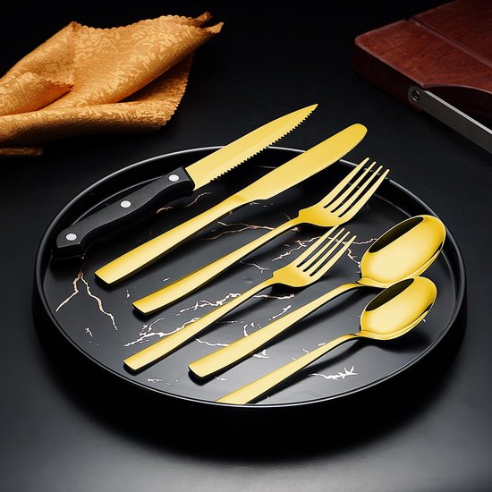 LaCardia Ménagère de Couverts 8 Personnes 48 Pièces - Cuillères - Couteaux - Fourchettes - Couteaux à steak - Passe au Lave-Vaisselle - Couverts - Or/ Acier Inoxydable