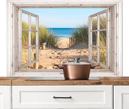 Foto: Spatscherm keuken 120x80 cm kookplaat achterwand doorkijk strand zee duinen zand water helmgras muurbeschermer spatwand fornuis hoogwaardig aluminium