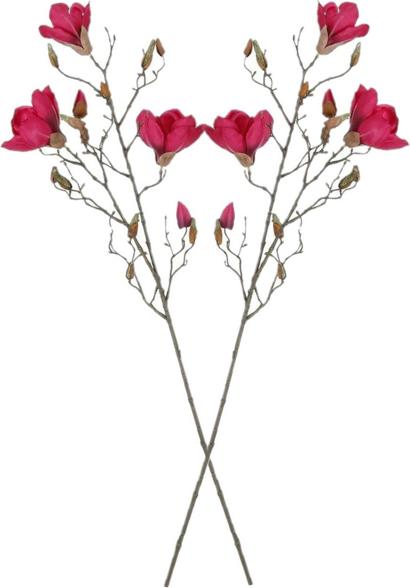 Mica Decorations Kunstbloemen Magnolia takken - 2x - 88 cm - roze - Kunst zijde - Boeket - stelen - siertakken Donkerroze