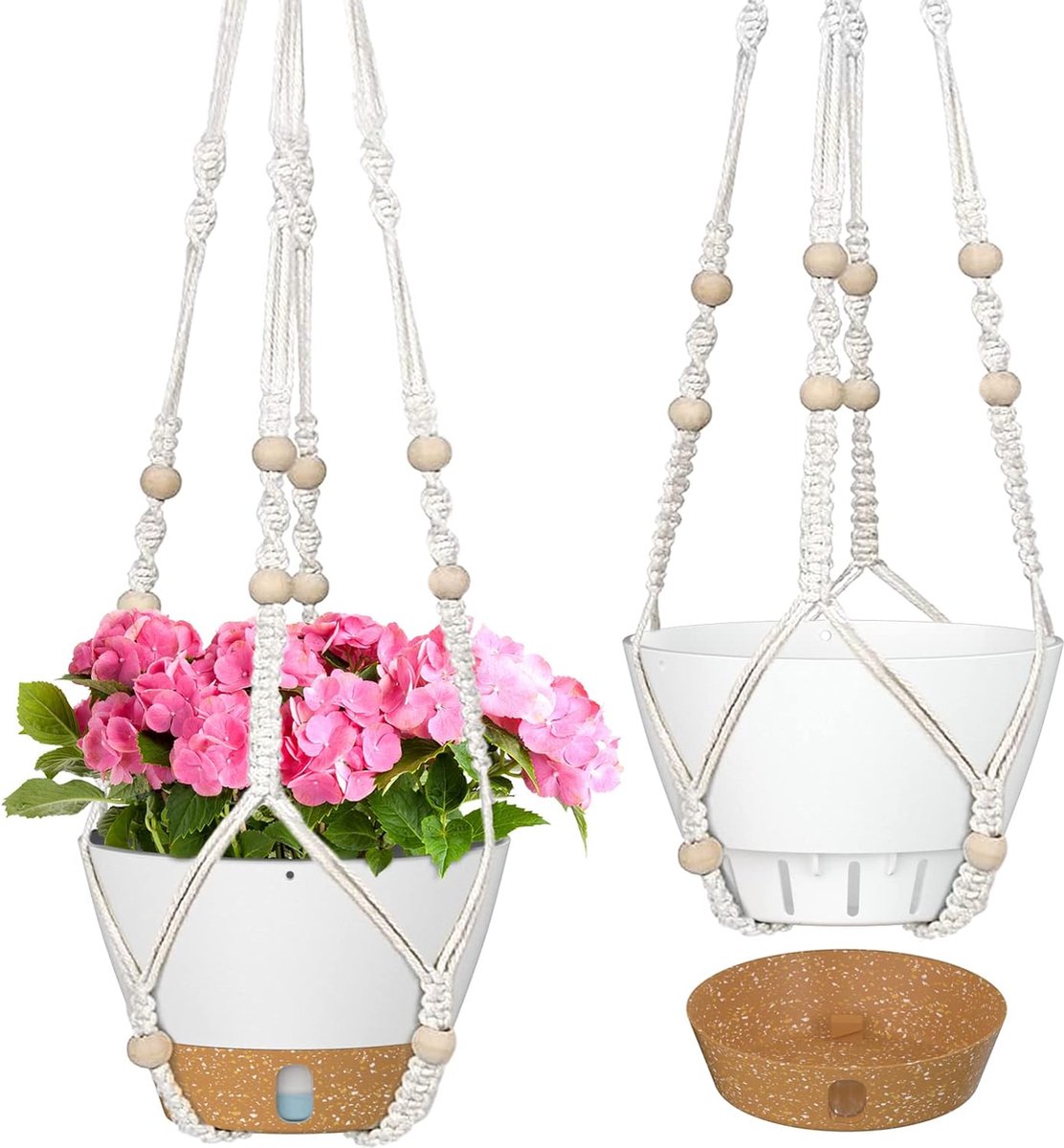 25 cm Macramé hangmand voor binnen- en buitenplanten Zelfwatergevende hangmand met mand Bloempot met afvoergat en zichtbaar waterpeil Plantenpotschotel (wit set van 2)