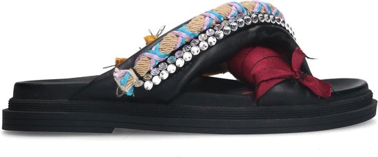 Sacha - Dames - Zwarte leren slippers met multicolor details - Maat 37