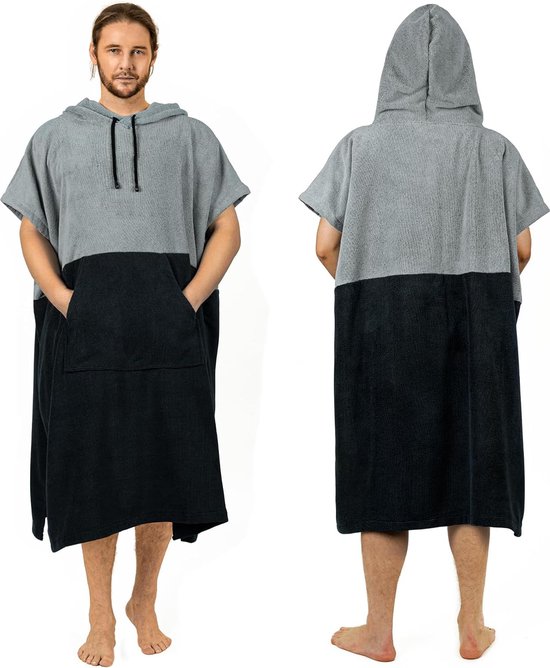 Surf-Poncho, Extra Grote, Dikke Handdoekponcho voor Mannen en Vrouwen met Capuchon Zak voor Zwemmen op het strand, 119 x 97 cm, Zwart-Grijs