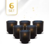 KENN® Glazen Kaarsenhouders - 6 Stuks - Zwart/Nachtblauw - Geribbeld Design - Theelichthouders - Waxinelichthouders - Windlicht Set - Windlichten Voor Binnen