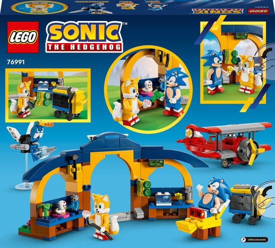 LEGO Sonic the Hedgehog doos met Tails' werkplaats, Tornado-vliegtuig, Sonic, Tails en een Buzz Bomber-figuur.