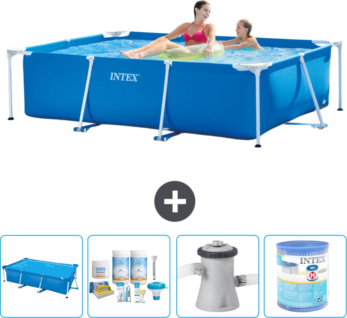 Intex Rechthoekig Frame Zwembad - 220 x 150 x 60 cm - Blauw - Inclusief Solarzeil - Onderhoudspakket - Zwembadfilterpomp - Filter - Intex Frame Pool