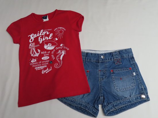 Ensemble - Meisje - T shirt rood , jeans short - Sailor girl - 4 jaar 104