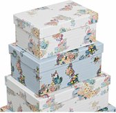 Set van opstapelbare opbergboxen DKD Home Decor Blauw Wit Blommor Karton (43,5 x 33,5 x 15,5 cm)