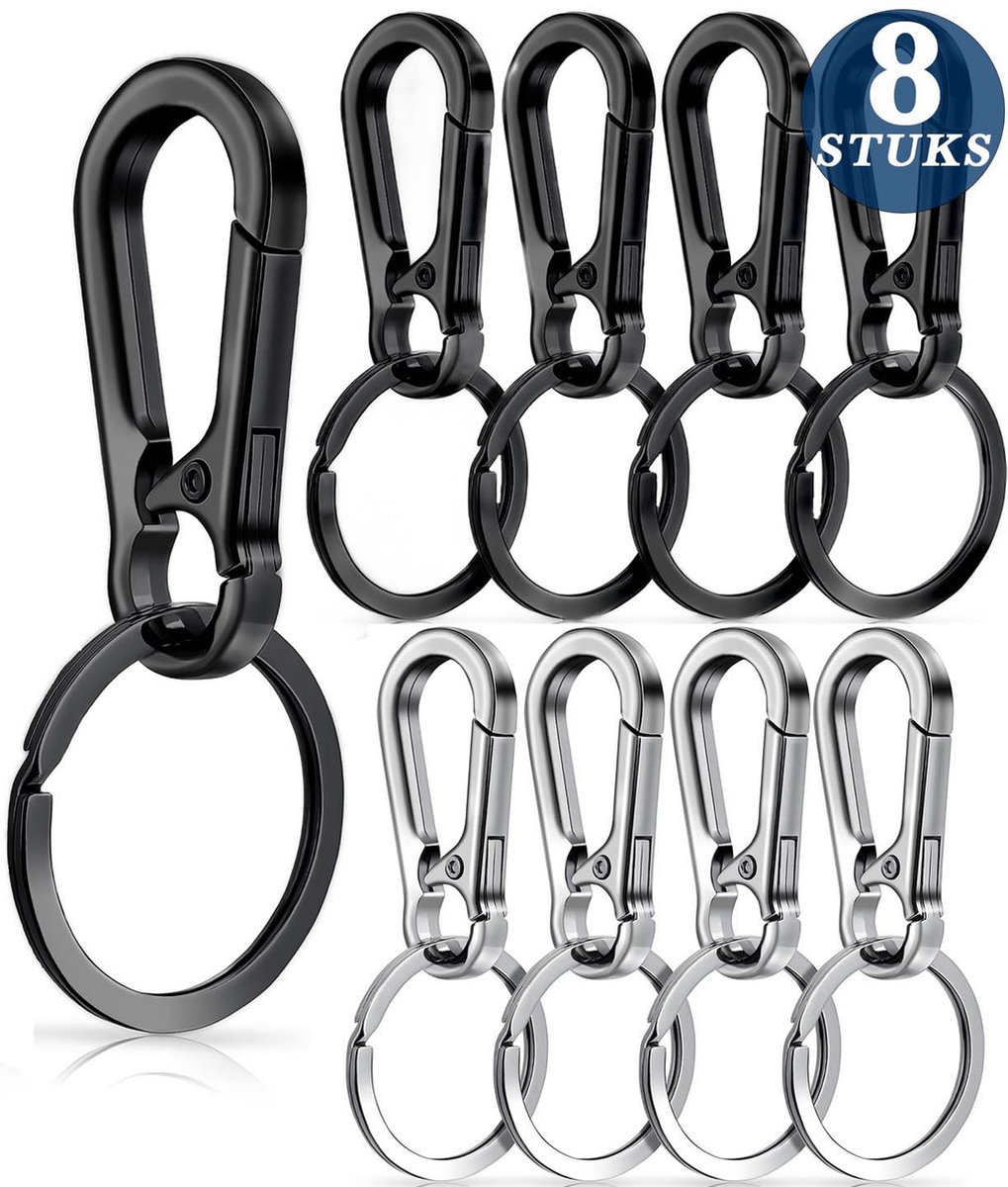 16 Stuks Zwart & Zilver RVS Karabijnhaak Sleutelhangers - Musketonhaak met Sleutelringen voor Volwassenen - Mini Musketon en ringetjes - Auto Klein Carabiner Sleutel Hanger, Houder - Karabijn haak ringen - Keychain Karabijnsluiting