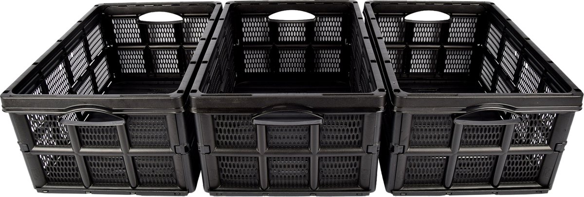 Set van 3 Multifunctioneel Vouwkrat 32 Liter - Ruimtebesparend en Stijlvol Zwart Klapkratten - Opslagbakjes met Handgrepen voor Huishouden & Klussen - 48x35x24cm