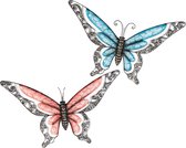 Anna Collection Wanddecoratie vlinders - 2x - blauw/rood - 49 x 28 cm - metaal - muurdecoratie - tuin beelden