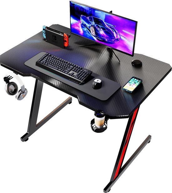 Gaming tafel 80 x 52 cm met Z-frame - Ergonomisch bureau met bekerhouder en hoofdtelefoonhaak