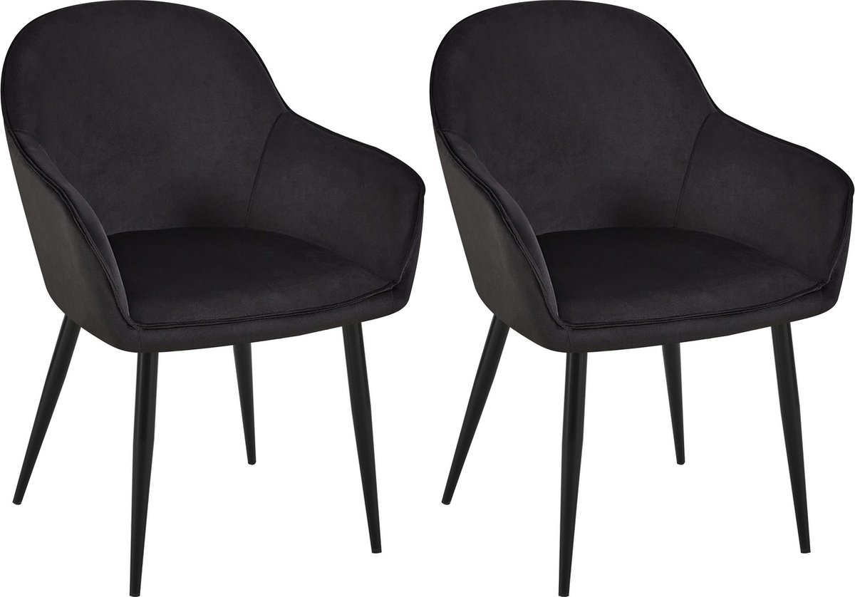 CLP Boise Set van 2 eetkamerstoelen - Met armleuning - Metalen frame - Velvet - Fluweel - zwart