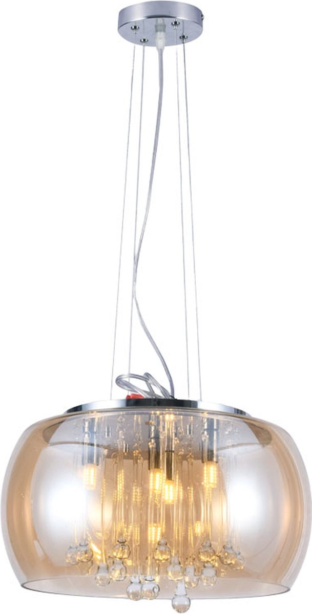 Olucia - LORENZO - Hanglamp - Amber / Chroom - 4L - Vorm: Rond