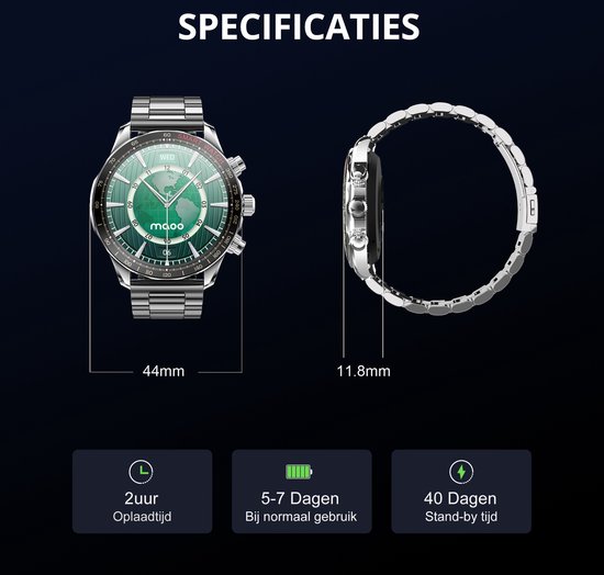 Maoo Titan AMOLED Smartwatch Heren - Stainless Steel en 2 TPU bandjes - Stappenteller - Hartslagmeter - Slaapmonitor - Multisport - Geschikt voor Android en iOS - Zilver