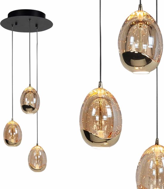 Lampe à suspension ronde élégante Golden Egg | 3 lumières | or / noir | verre / métal | 150 cm de long | lampe salle à manger/salon/bureau | design moderne / attrayant / romantique