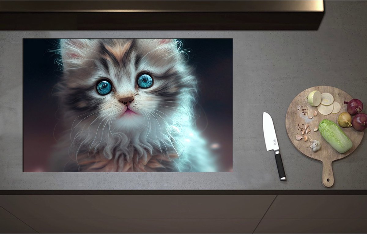 Inductieplaat Beschermer - Aandoenlijke Kitten met Helder Blauwe Magische Ogen - 85x55 cm - 2 mm Dik - Inductie Beschermer - Bescherming Inductiekookplaat - Kookplaat Beschermer van Zwart Vinyl