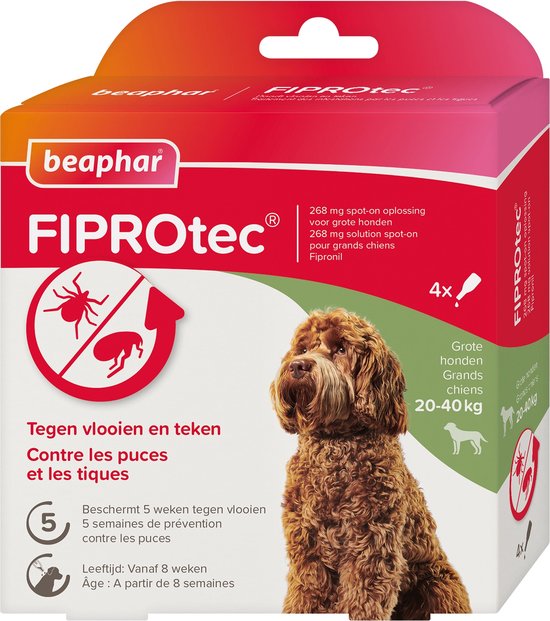 Beaphar FIPROTec doos met rode en roze opdruk. Bevat een grote bruine hond. 268 mg oplossing voor grote honden, 20-40kg.