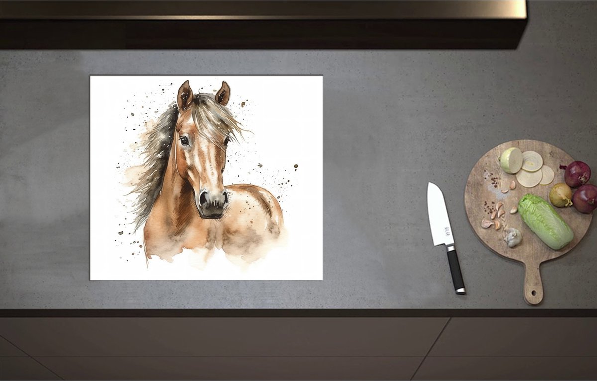 Inductieplaat Beschermer - Acryl Tekening van Kop en Hals van Bruin Paard - 59x52 cm - 2 mm Dik - Inductie Beschermer - Bescherming Inductiekookplaat - Kookplaat Beschermer van Zwart Vinyl