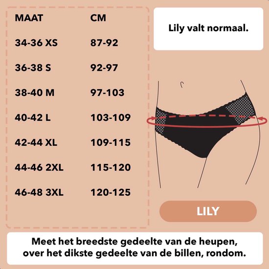 Tableau des tailles pour la culotte 'Lily' : tailles 34-48 (XS-3XL) avec tour de hanches correspondant en cm. Culotte montrée sur mannequin avec un mètre ruban autour des hanches.