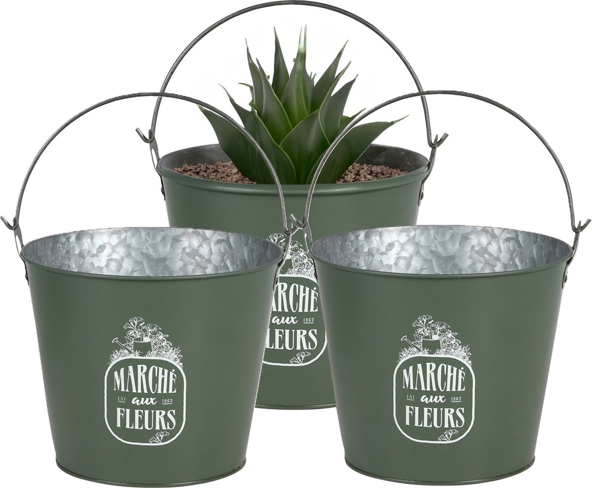 Goedkoopste Sunnydays Emmer/plantenpot/bloempot - 3x - zink - legergroen - D24 x H19 cm