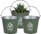 Sunnydays Emmer/plantenpot/bloempot - 3x - zink - legergroen - D24 x H19 cm