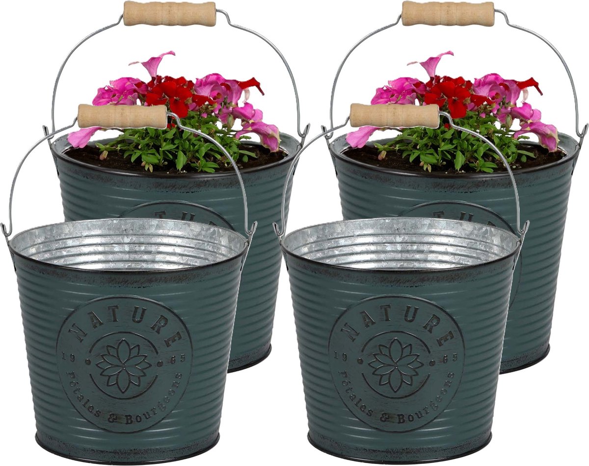 Goedkoopste Sunnydays Emmer/plantenpot/bloempot - 4x - zink - petrolblauw - D23 x H22 cm