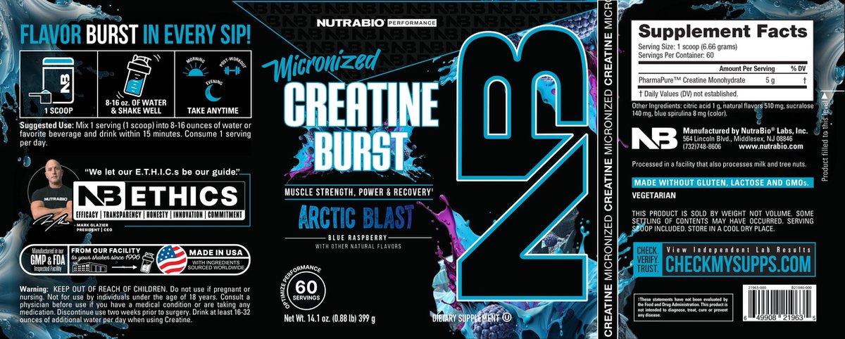 Goedkoopste Nutrabio Creatine Burst DE Nieuwste Sensatie in Creatine De Wereldprimeur van Gearomatiseerde Creatine! - 300g Island Splash (Fruitpunch