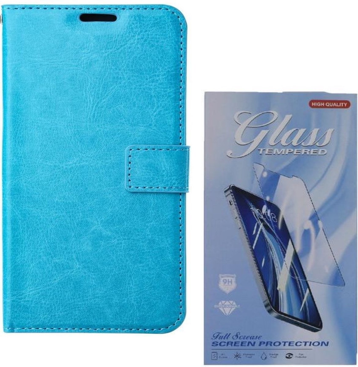 Bookcase Geschikt voor: iPhone 13 - Turquoise - portemonnee hoesje met 2 stuk Glas Screen protector
