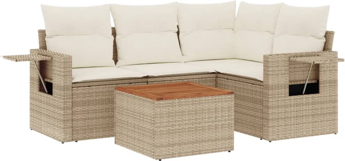 vidaXL 5-delige - Loungeset - met - kussens - poly - rattan - beige