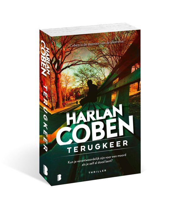 Boek 'Terugkeer' van Harlan Coben. Een silhouet zit op een parkbank met in de verte een boom en straatverlichting.