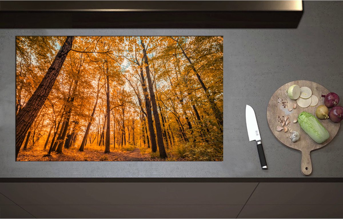 Inductieplaat Beschermer - Bos met Hoge Bomen in Herfstkleuren - 90x55 cm - 2 mm Dik - Inductie Beschermer - Bescherming Inductiekookplaat - Kookplaat Beschermer van Wit Vinyl