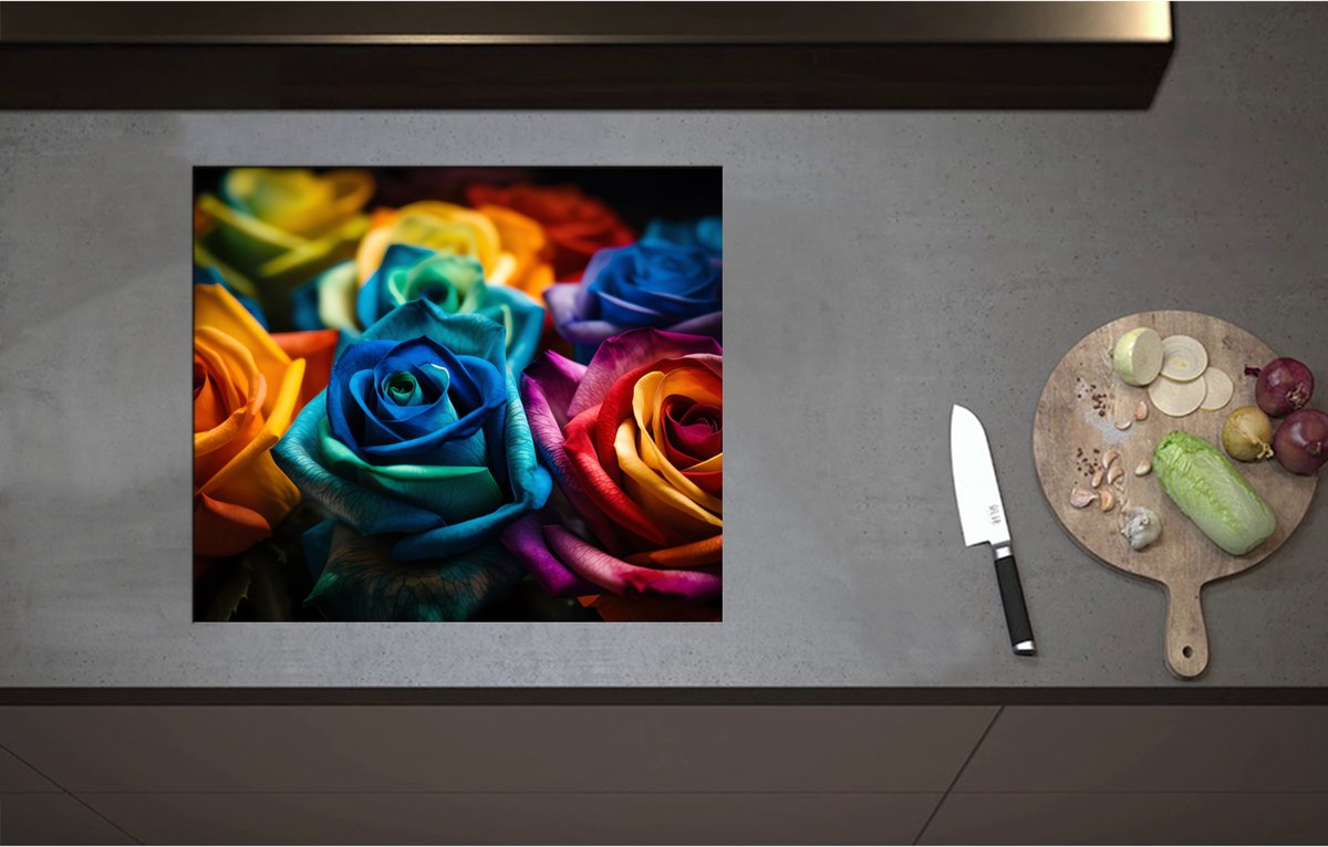 Inductieplaat Beschermer - Boeket van Rozen in Meerdere Felle Kleuren - 60x52 cm - 2 mm Dik - Inductie Beschermer - Bescherming Inductiekookplaat - Kookplaat Beschermer van Zwart Vinyl