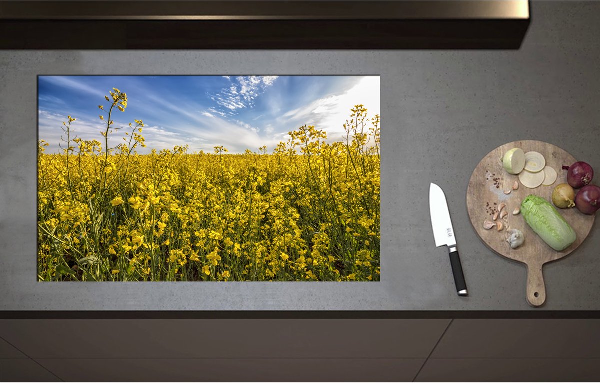 Inductieplaat Beschermer - Bloeiende Gele Bloemen op een Mooie Lentedag - 85x52 cm - 2 mm Dik - Inductie Beschermer - Bescherming Inductiekookplaat - Kookplaat Beschermer van Wit Vinyl