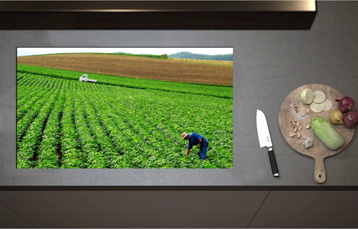 Inductieplaat Beschermer - Boer werkend op het Land vol Gewassen - 90x51 cm - 2 mm Dik - Inductie Beschermer - Bescherming Inductiekookplaat - Kookplaat Beschermer van Zwart Vinyl