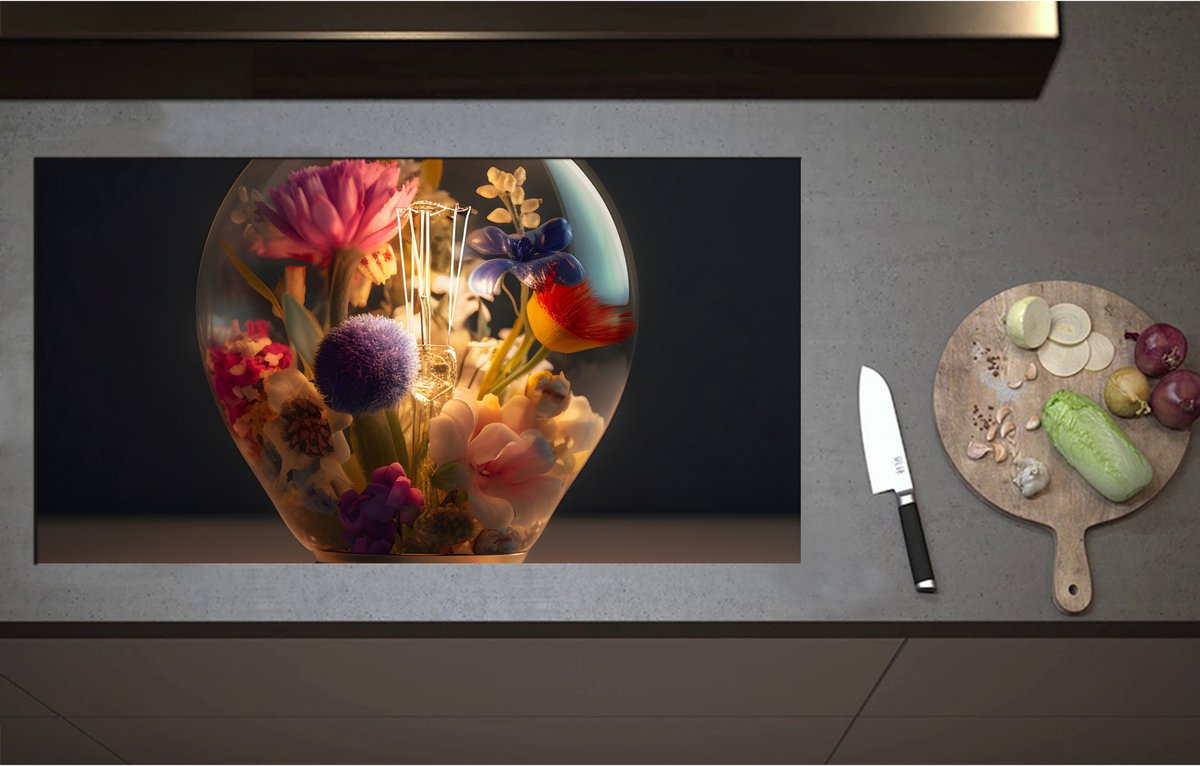 Inductieplaat Beschermer - Bloemboeket Groeiend in Lichtgevende Lamp - 95x51 cm - 2 mm Dik - Inductie Beschermer - Bescherming Inductiekookplaat - Kookplaat Beschermer van Zwart Vinyl