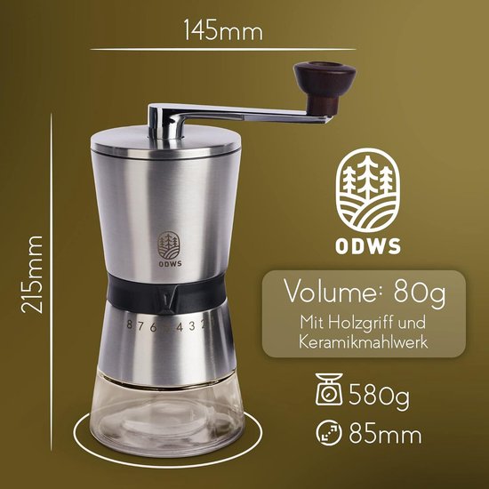 WALDWERK Koffiemolen, handmatig met nauwkeurig roostvrijstalen maalwerk, kegelmolen met houten handvat