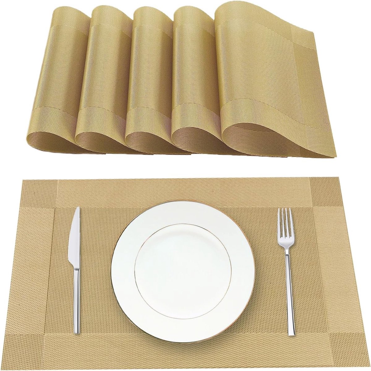 Wasbare Placemats, Set van 6 Ontbijtplacemats in 70% PVC en 30% Polyester, Antislip, Hittebestendig, voor de Keukentafel, Goud Merk: Lumaca
