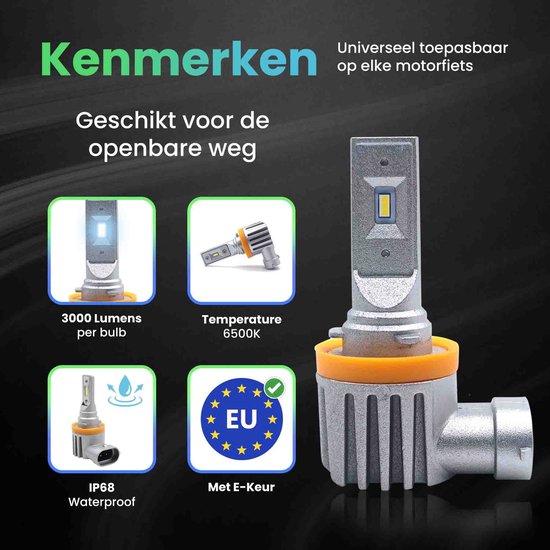 XEOD H8/H9/H11 LED lamp, 6500K, 3000 Lumen, IP68 waterdicht, E-Keur. Universeel toepasbaar op elke motorfiets.