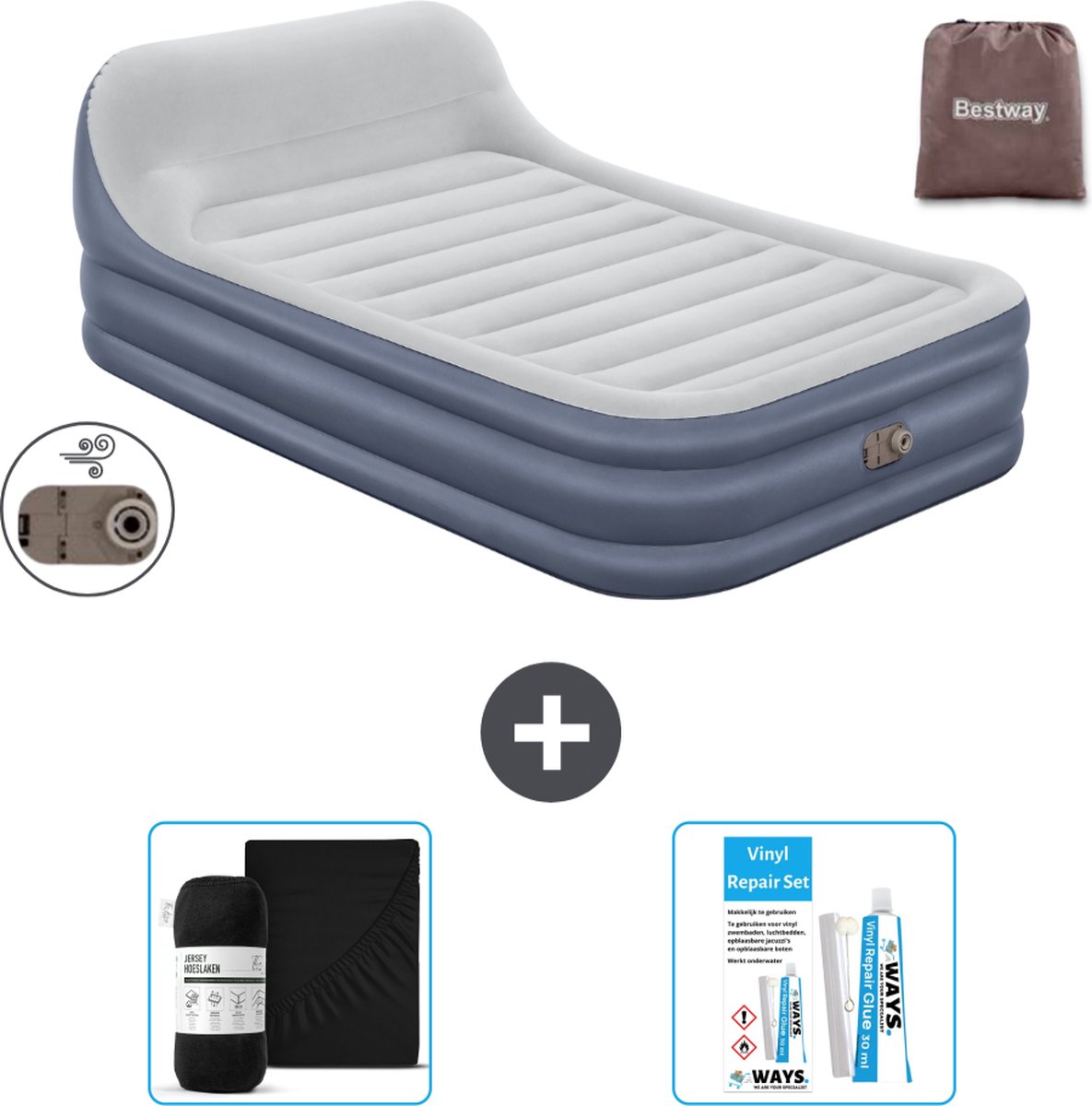 Bestway luchtbed - 2-Persoons - 152 x 226 x 46 cm - Grijs - Inclusief pomp - Hoeslaken en Reparatieset