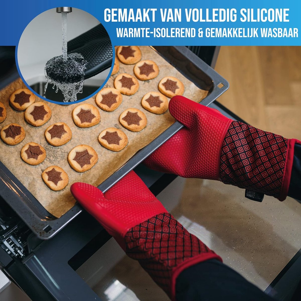 Ovenwanten per paar met volledige siliconencoating voor de beste grip en hittebestendigheid (contactwarmte: 250°C) in verschillende kleuren (Rood Massief silicone)