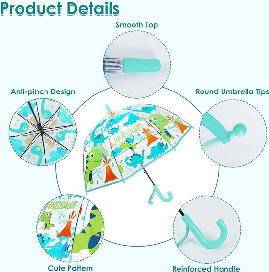 Parapluie pour enfants, résistant au vent, robuste, transparent, pour enfants, transparent, pour garçons et filles, parapluie gonflable à dôme, diamètre = 70 cm