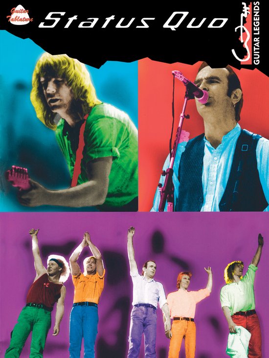 Livre de tablatures de guitare Status Quo avec un collage du groupe : deux gros plans et cinq membres sur scène violette.