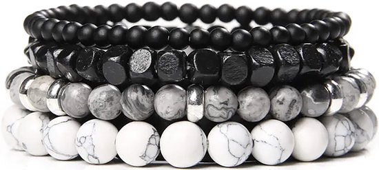 Malinsi Armband Heren en Dames - Onyx en Lava Stone Natuursteen Set van 4 Zwart Wit - Mannen en Vrouwen Kralen Armbandje